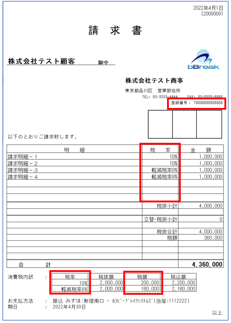 請求書には登録番号、請求明細毎の税率、消費税内訳が表示